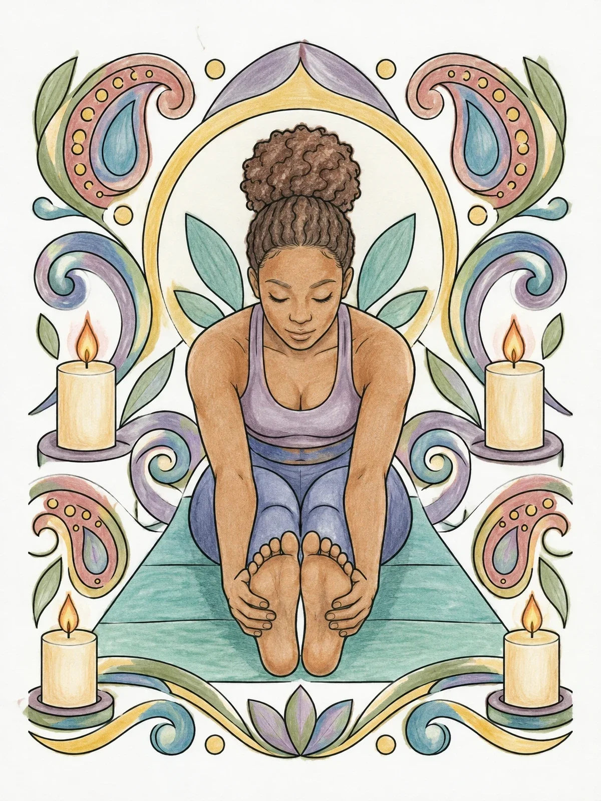 Colored example of the Seated Forward Fold With Candles coloring page