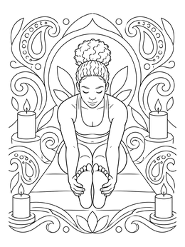 A woman in a seated forward bend on this calming yoga coloring page surrounded by candles and paisley.