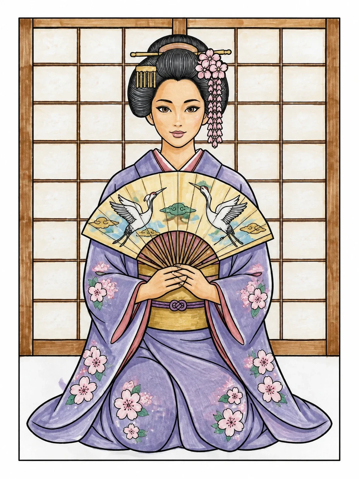 Colored example of the Seated Geisha With Crane Fan coloring page