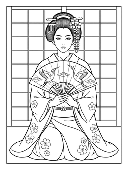 A seated geisha coloring page holding a traditional fan patterned with cranes in front of a screen.