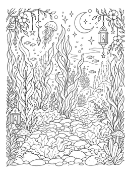 Detailed seaweed coloring page featuring tall kelp, sea lettuce, and hanging lanterns under the sea.