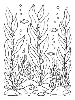An underwater seaweed coloring page with tall kelp fronds, small swimming fish, and sea rocks.