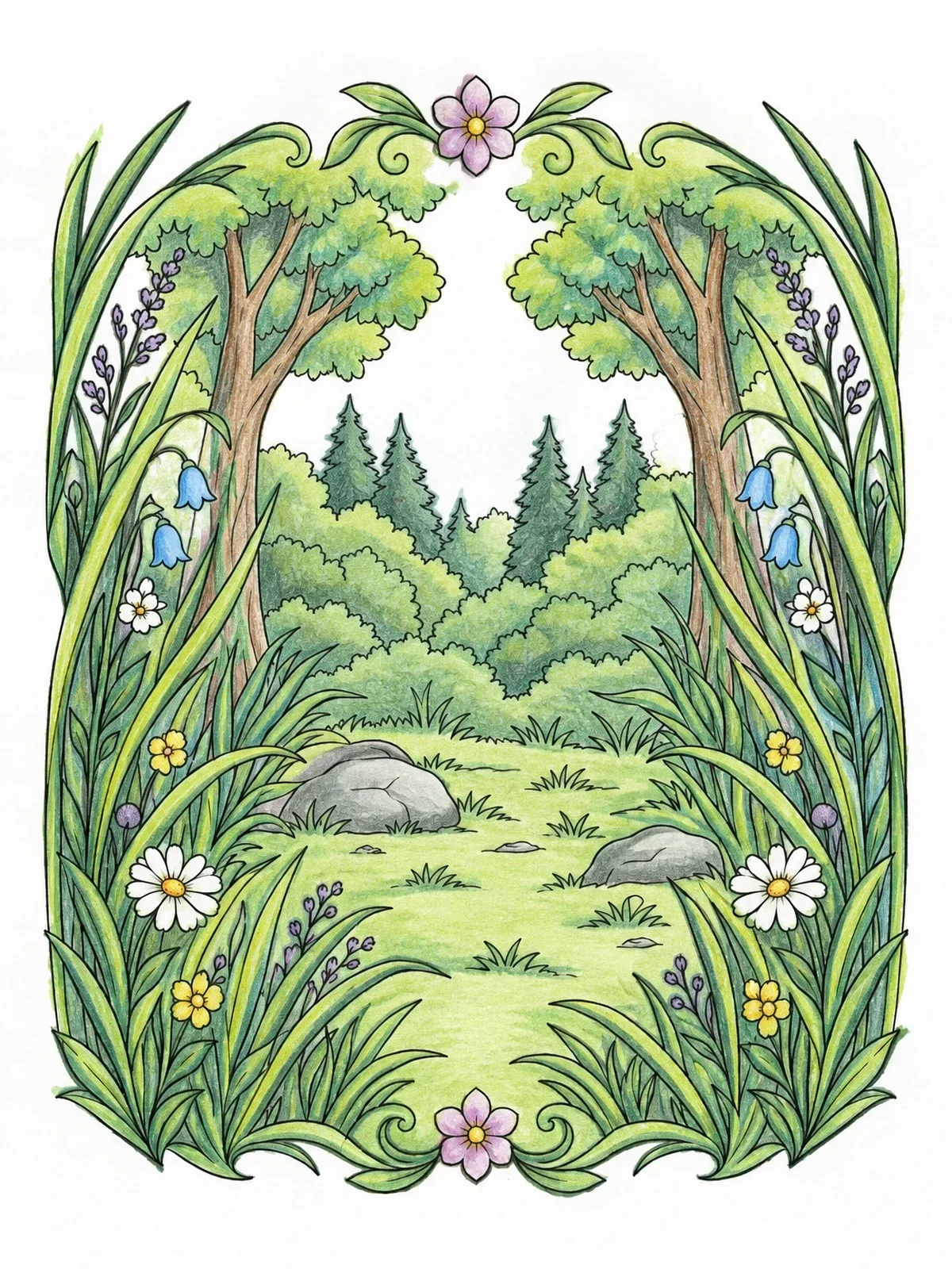 Colored example of the Secluded Forest Clearing With Tall Grass coloring page