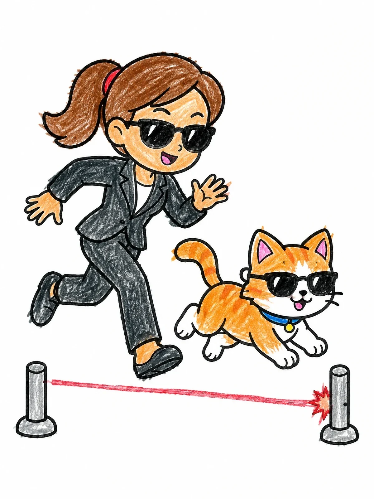 Colored example of the Secret Agent Girl Running With Cat coloring page