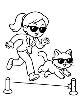 Free printable Secret Agent Girl Running With Cat coloring page