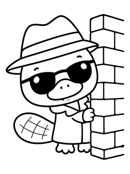 A secret agent platypus coloring page showing a cute detective in a hat and sunglasses.