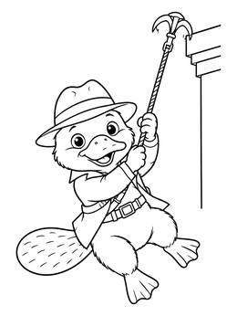 A detective platypus coloring page showing an agent swinging on a rope hook.