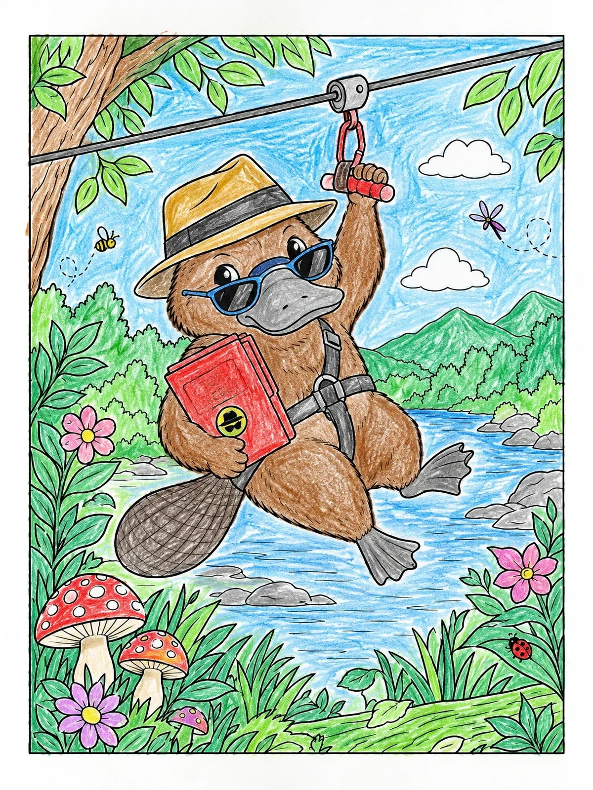 Colored example of the Secret Agent Platypus On A Zipline coloring page
