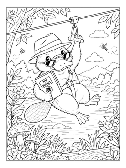 Action-packed platypus coloring page showing a secret agent gliding down a zipline with a classified folder.