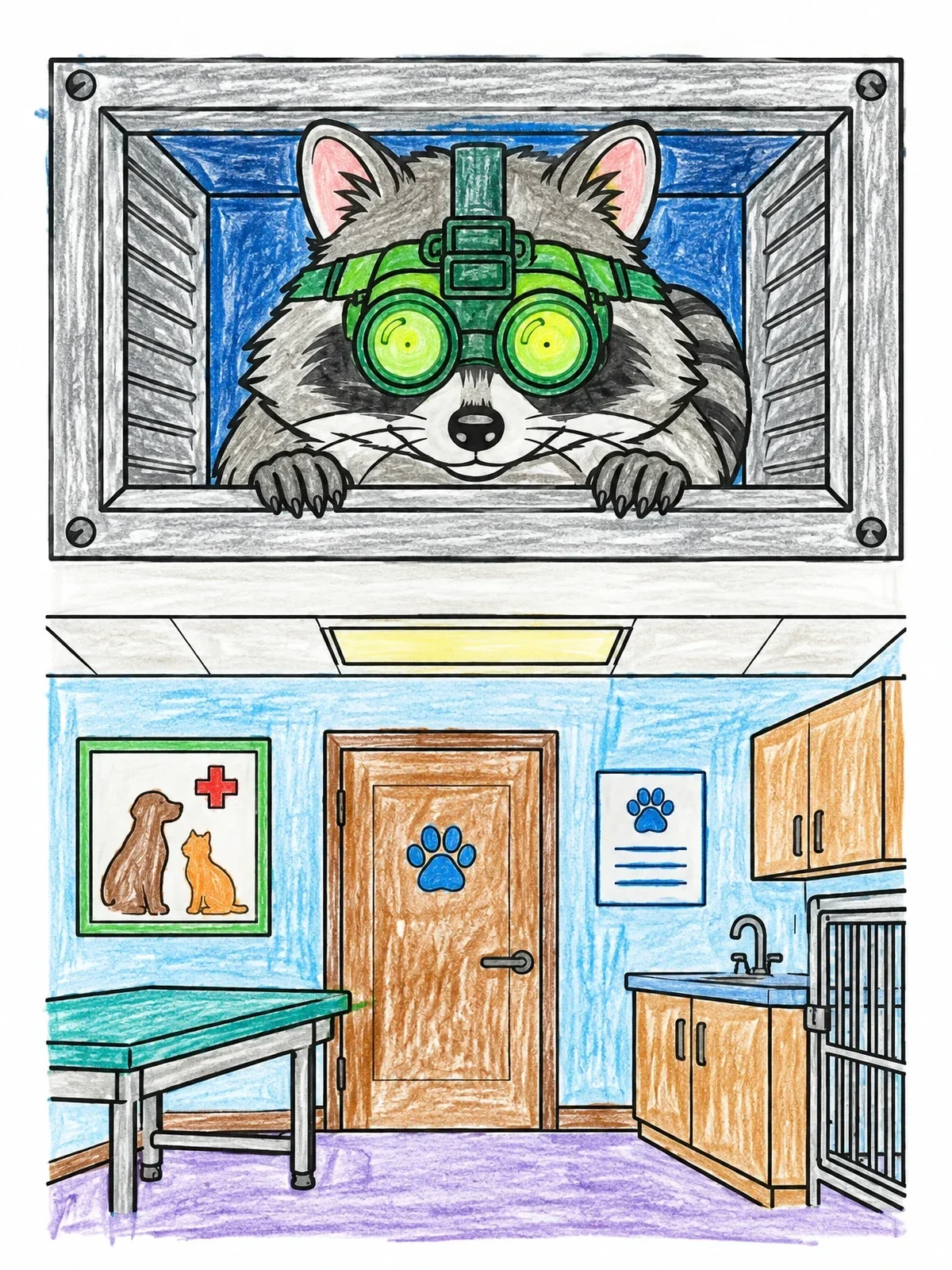 Colored example of the Raccoon Spy In The Vet Clinic coloring page