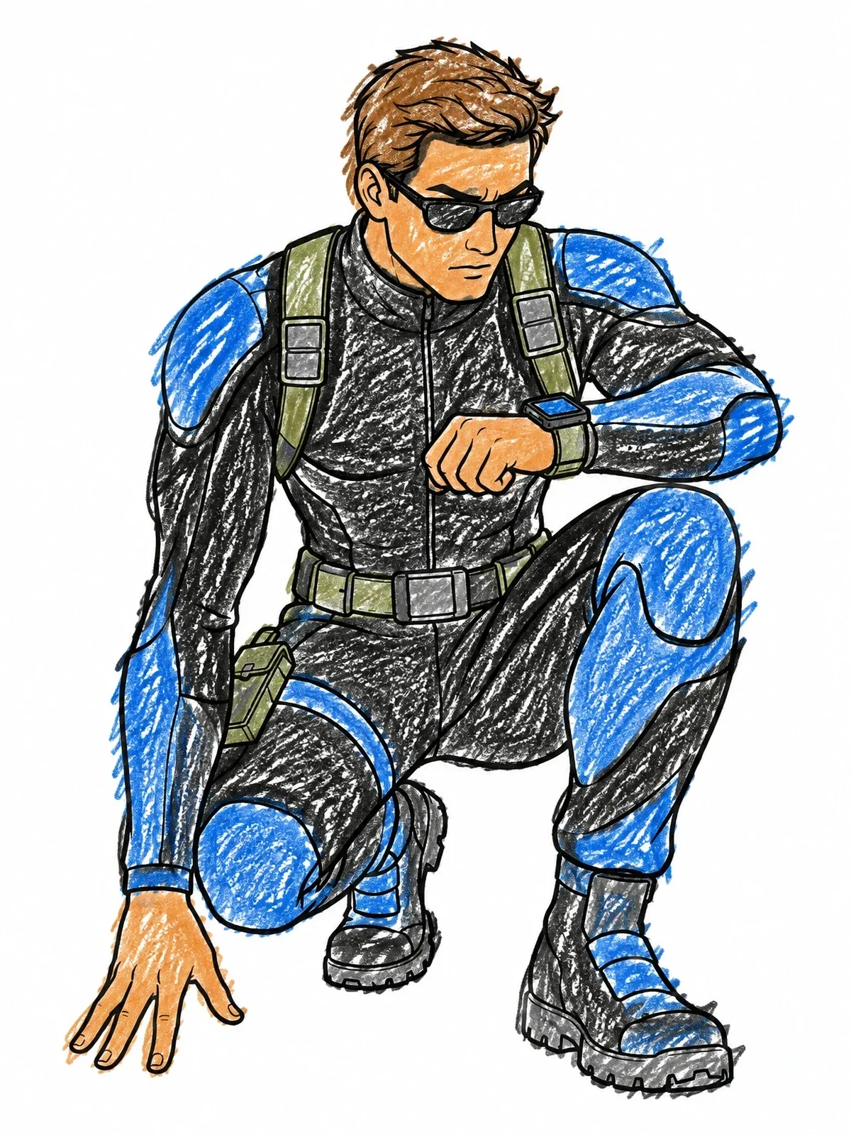 Colored example of the Secret Agent Crouching In Stealth Suit coloring page