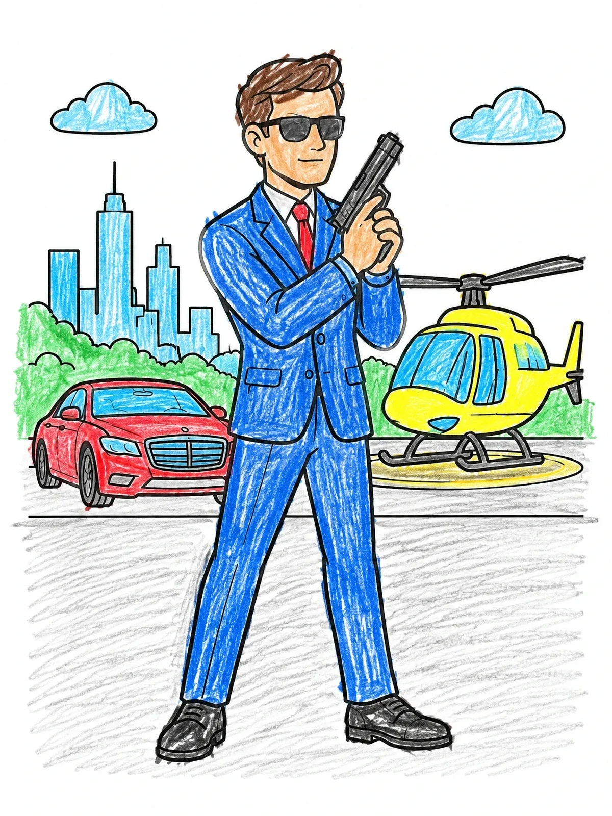 Colored example of the Secret Agent With Helicopter And Car coloring page
