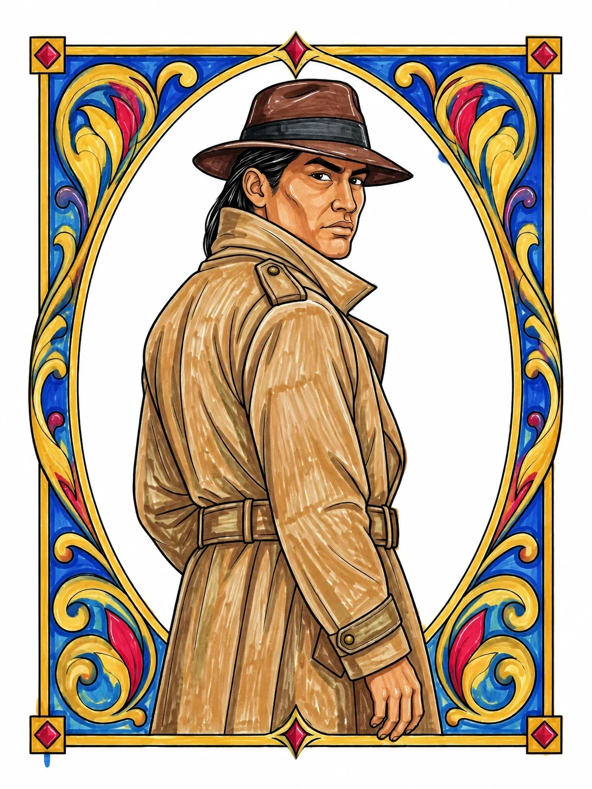 Colored example of the Secret Agent In Trench Coat Portrait coloring page