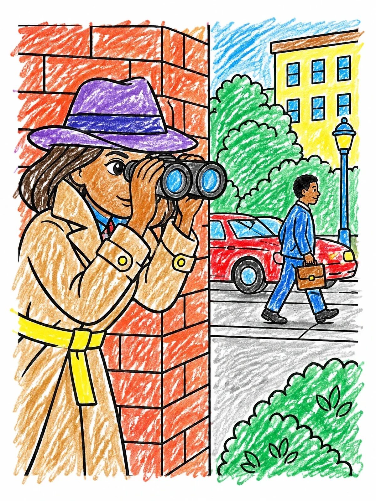 Colored example of the Undercover Spy Watching City Street coloring page