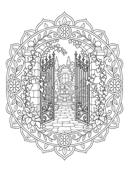 An ornate open gate reveals a courtyard fountain in this garden coloring page.