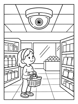 A dome security camera coloring page showing a child shopping in a market aisle.