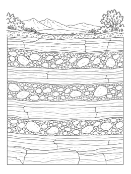 Sedimentary earth strata in this rock and mineral coloring page showing underground stone and pebble layers.