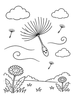 Free printable Happy Dandelion Seed Drifting In Wind coloring page