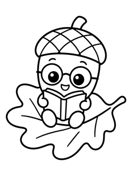 Free printable Cute Acorn Reading On Oak Leaf coloring page