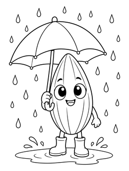 A cheerful cartoon character with boots in this seeds coloring page enjoying raindrops under an umbrella.