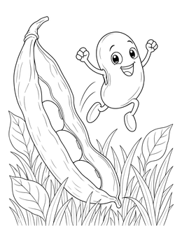 A cheerful cartoon bean leaps from its pod in this seeds coloring page.