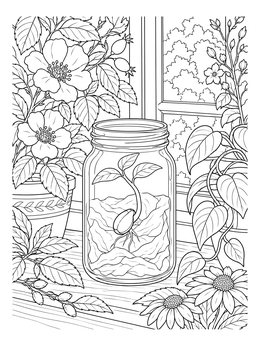 A detailed plant seeds coloring page featuring a sprouted seedling growing inside a glass jar on a windowsill.