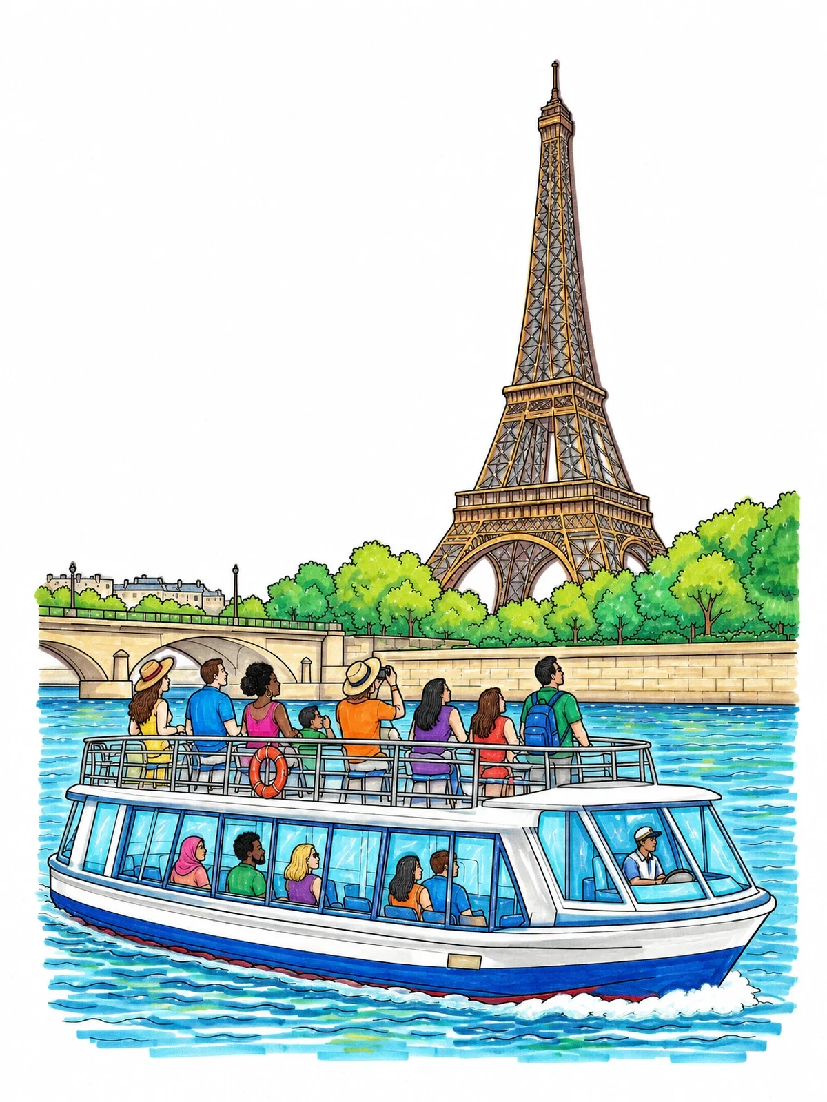 Colored example of the Seine River Cruise By The Eiffel Tower coloring page