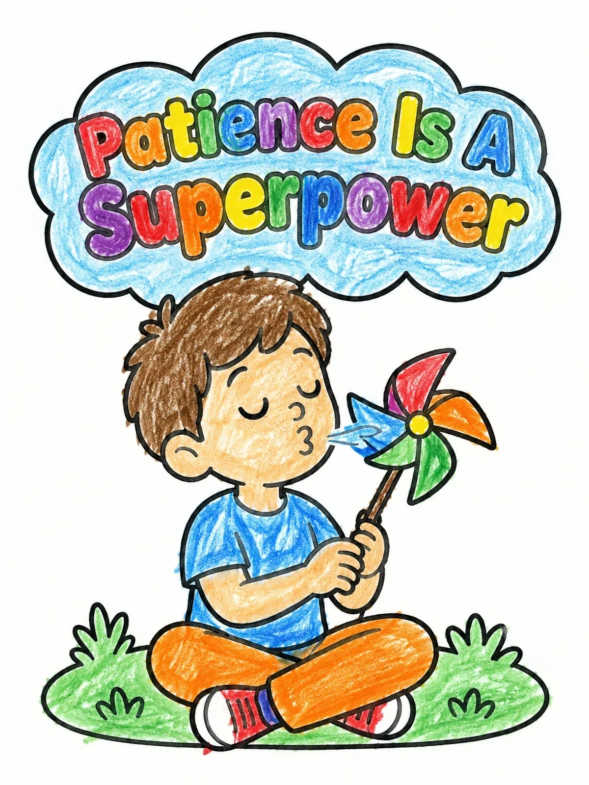 Colored example of the Boy Breathing On A Pinwheel coloring page