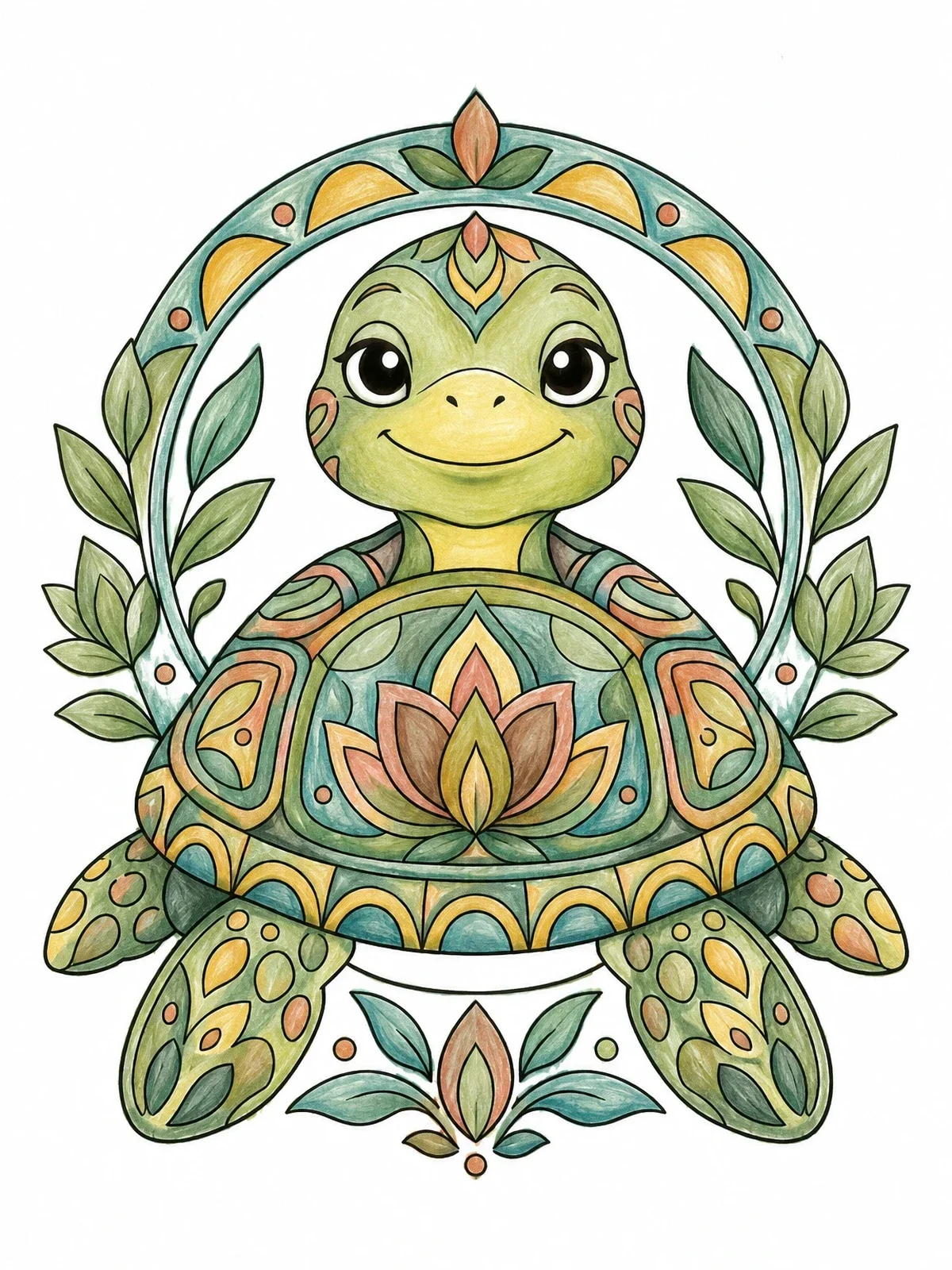 Colored example of the Calm Meditating Turtle Mandala coloring page