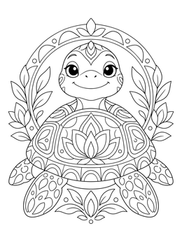 A serene turtle in a lotus frame featured on this self control coloring page.