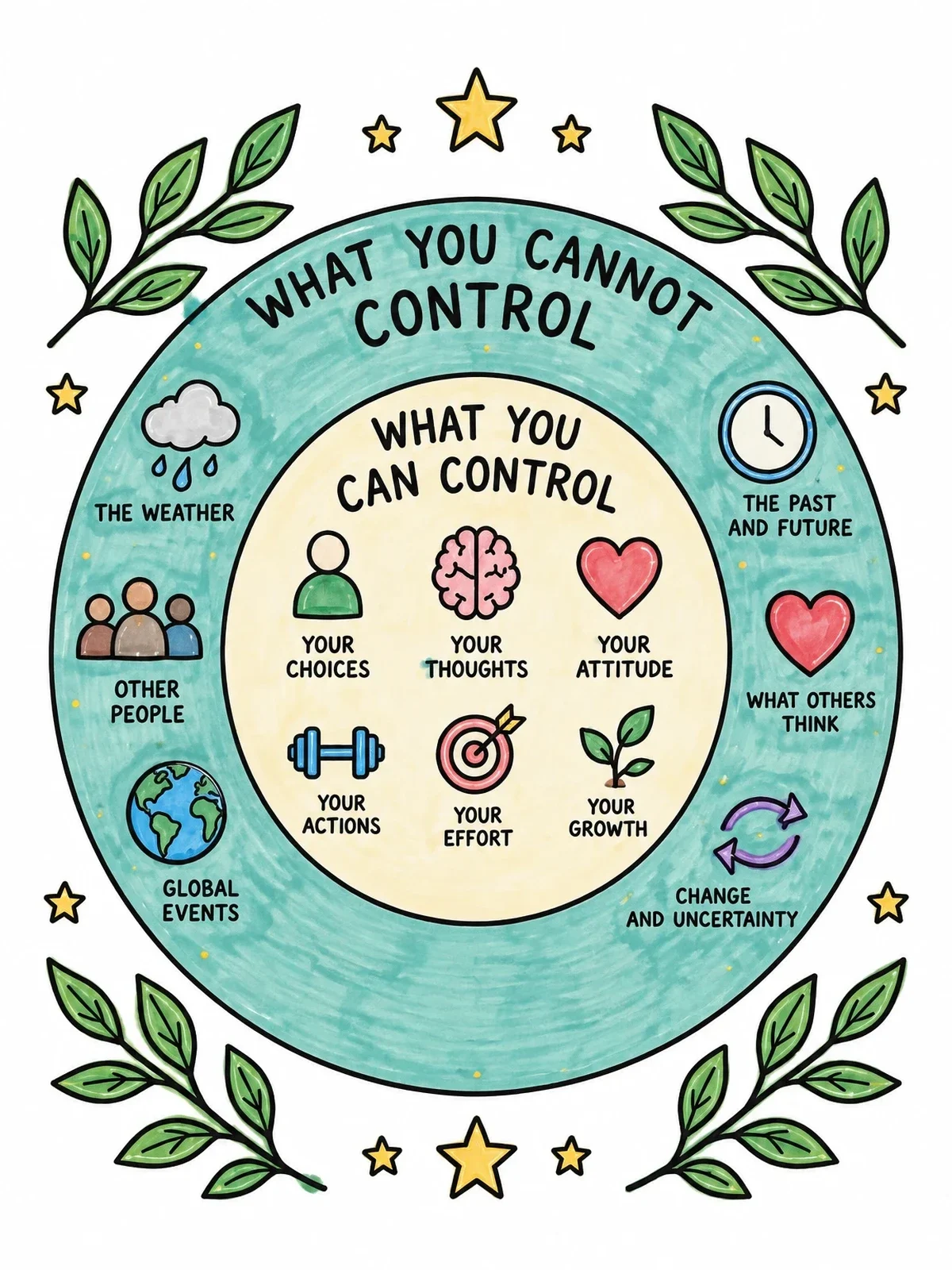 Colored example of the Circle Of Control Mindset Diagram coloring page
