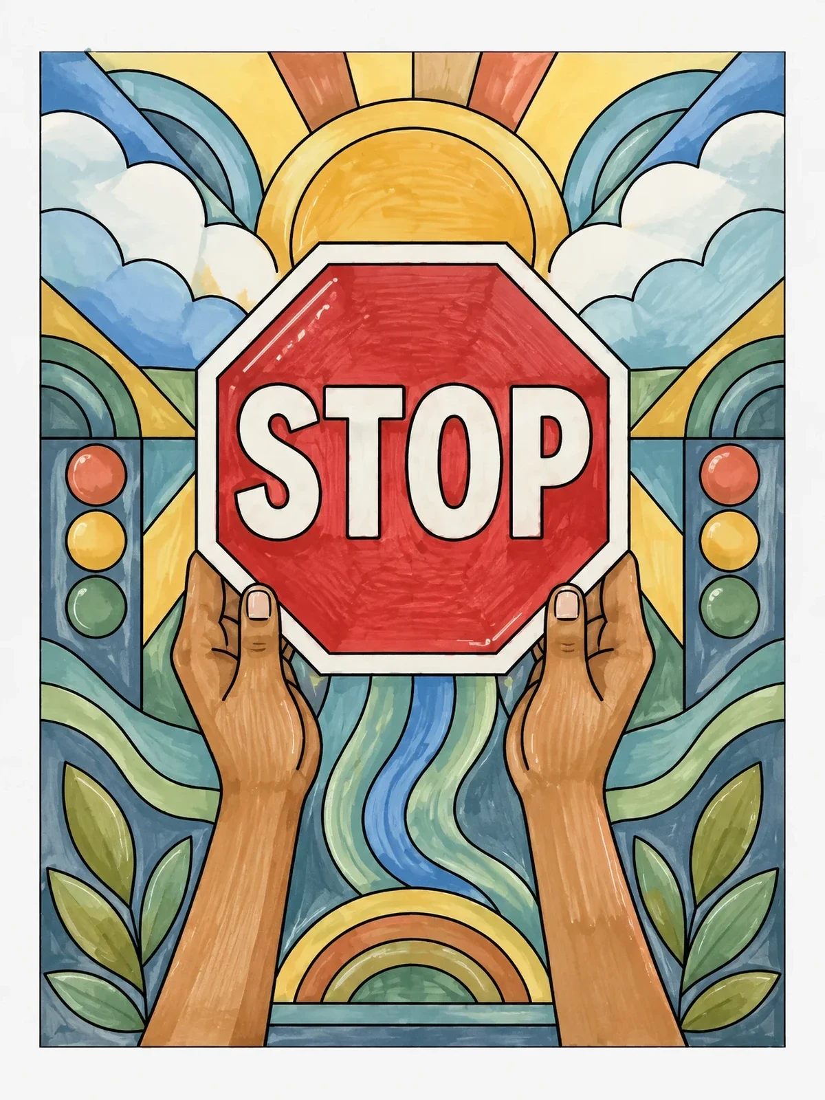 Colored example of the Hands Holding Stop Sign Art coloring page