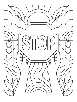 Two hands holding a stop sign in this geometric self control coloring page.