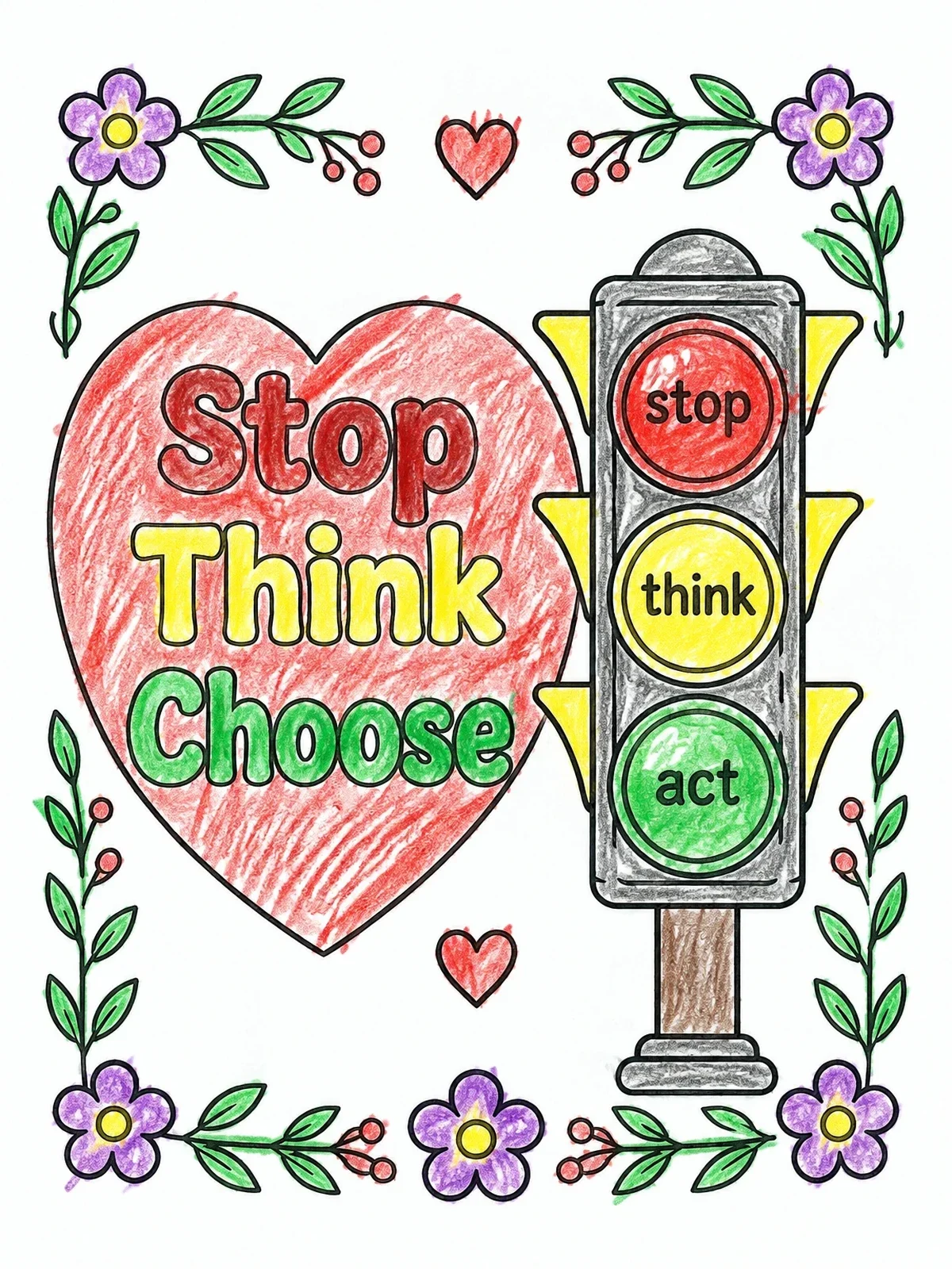 Colored example of the Stop Think Choose Traffic Light coloring page