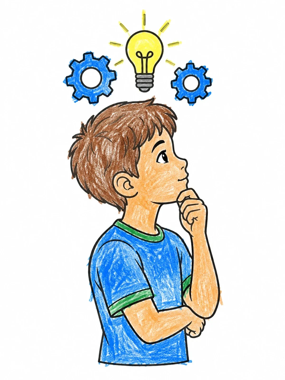 Colored example of the Thinking Boy With Gears And Lightbulb coloring page