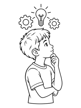 Free printable Thinking Boy With Gears And Lightbulb coloring page