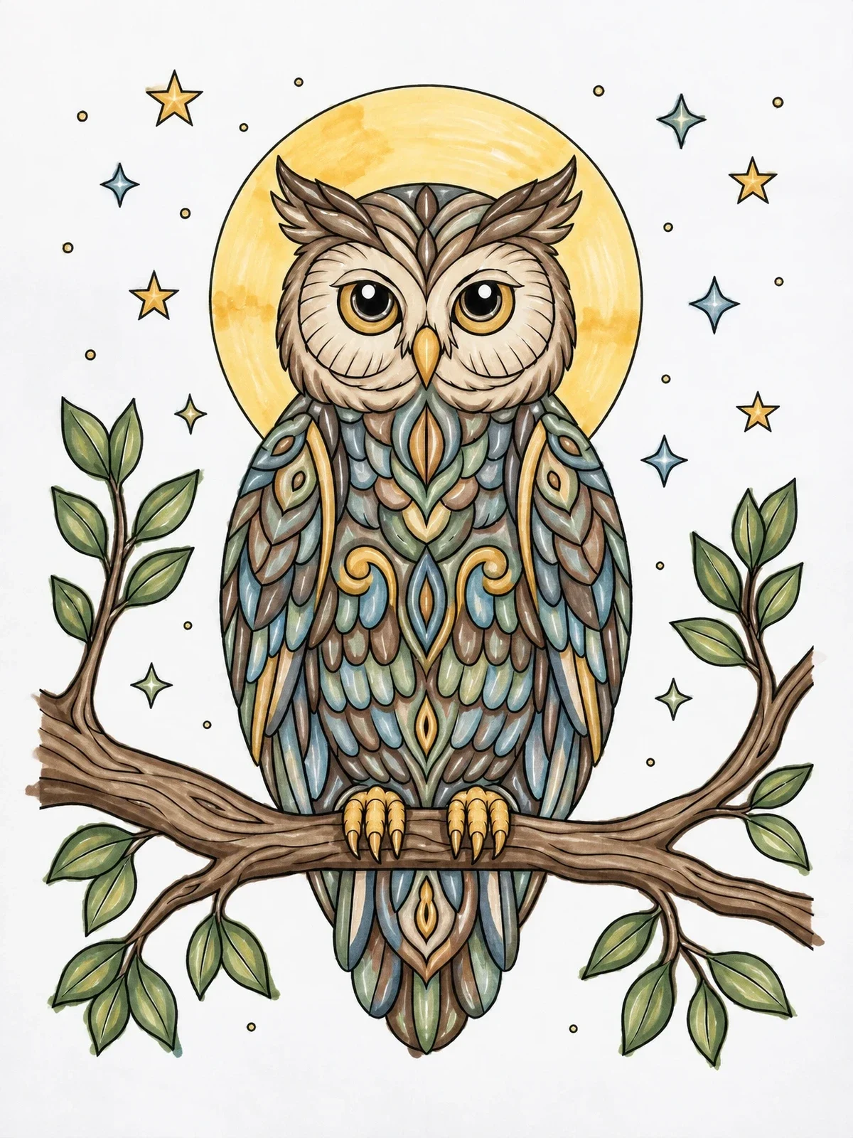 Colored example of the Wise Owl Under The Night Sky coloring page