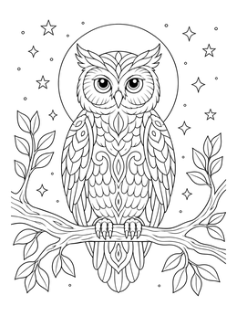 A peaceful owl perched on a tree branch in this self control coloring page.