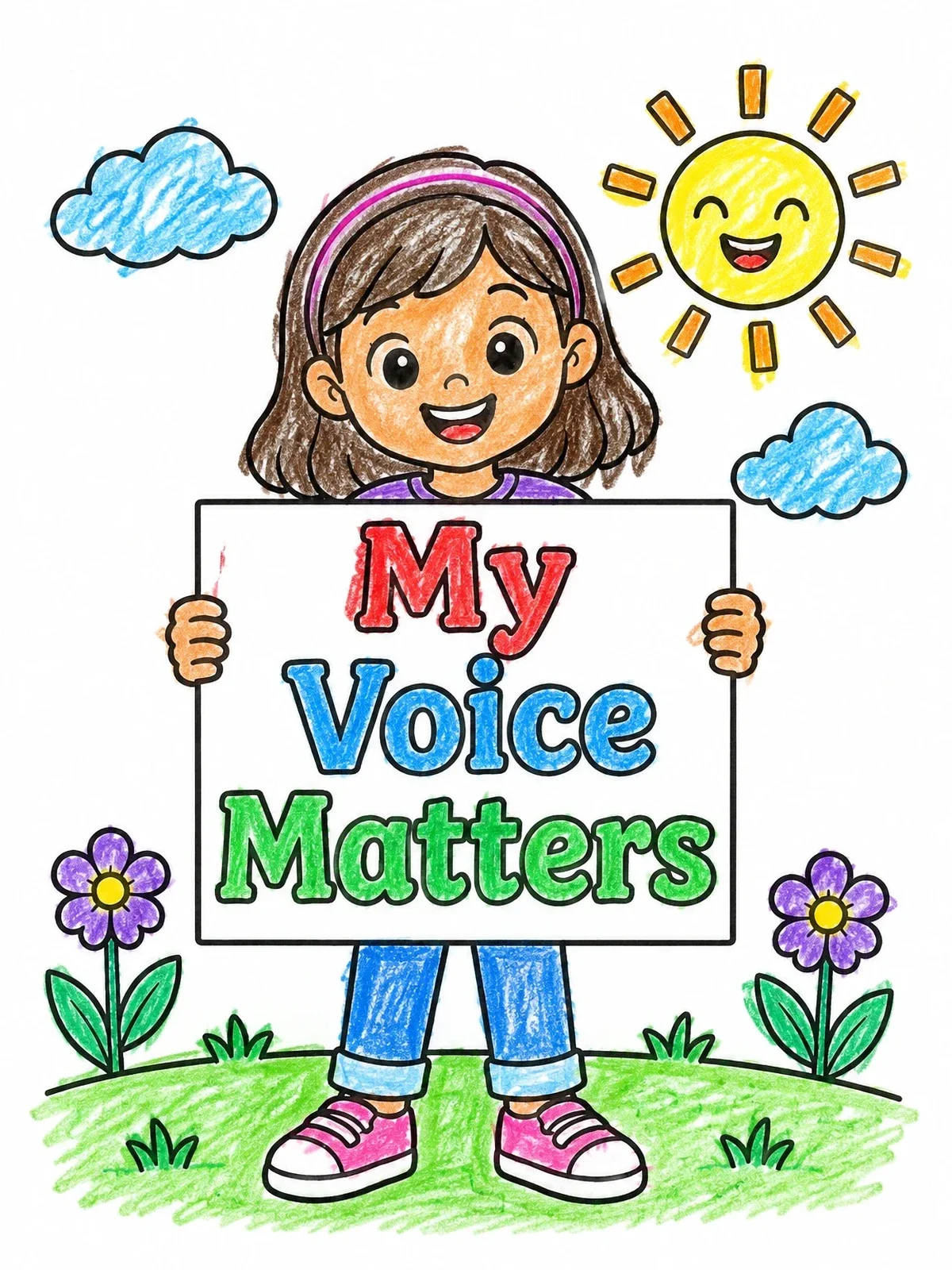 Colored example of the Cheerful Girl Holding Inspiring Sign coloring page