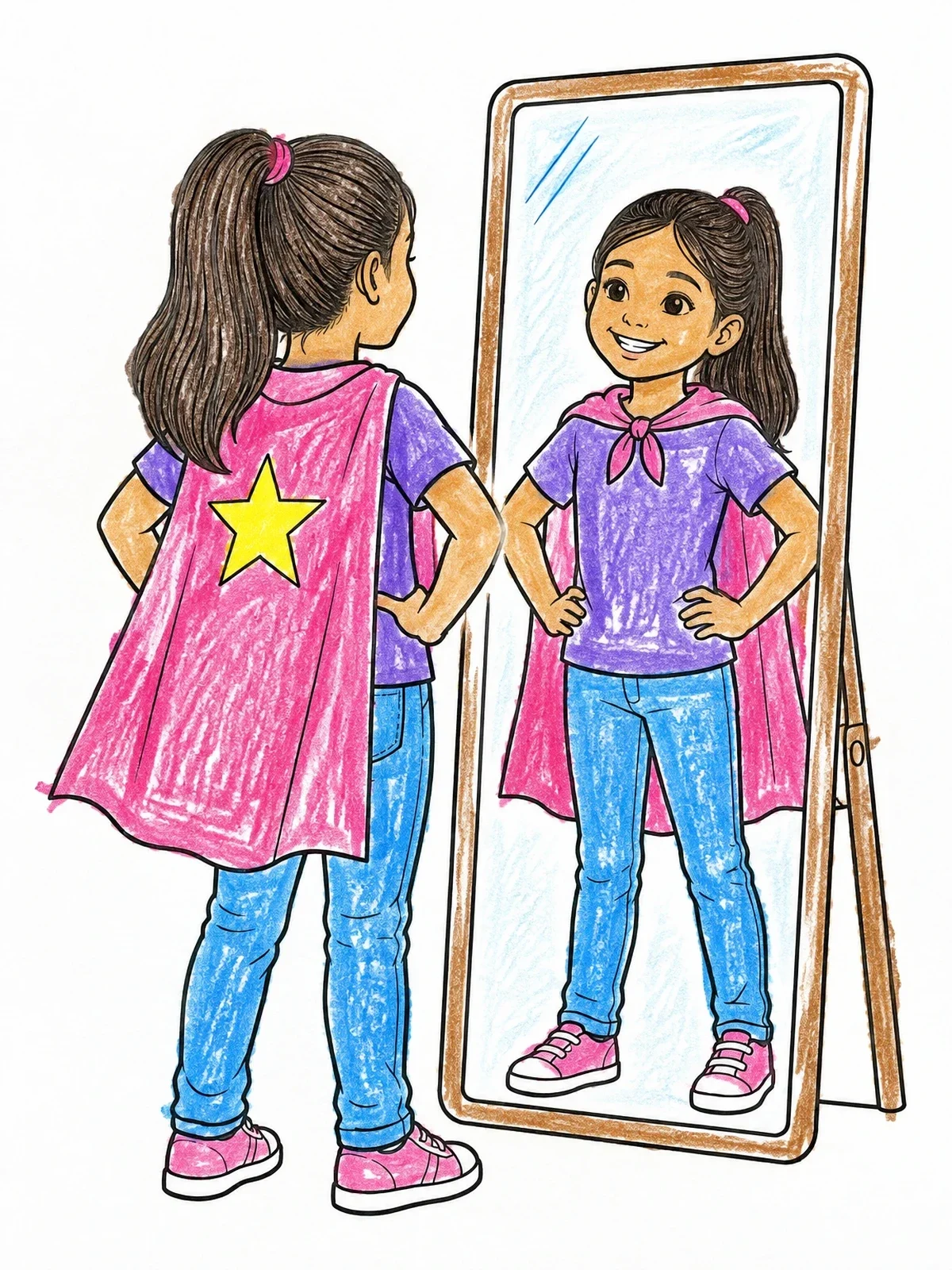 Colored example of the Confident Girl Superhero In Mirror coloring page