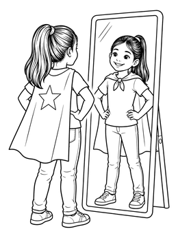 A confident girl in a cape smiling at her reflection in this self esteem coloring page.