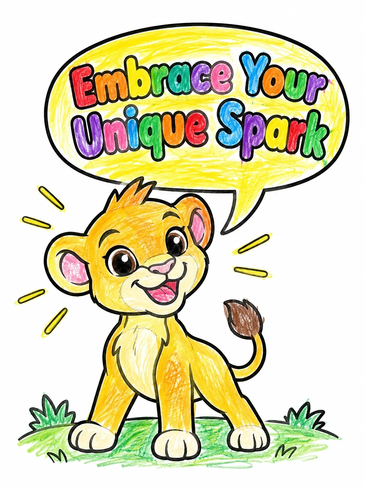Colored example of the Confident Lion Cub With Speech Bubble coloring page