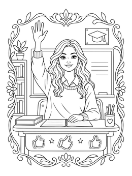 A confident student raising her hand in class on this self esteem coloring page.