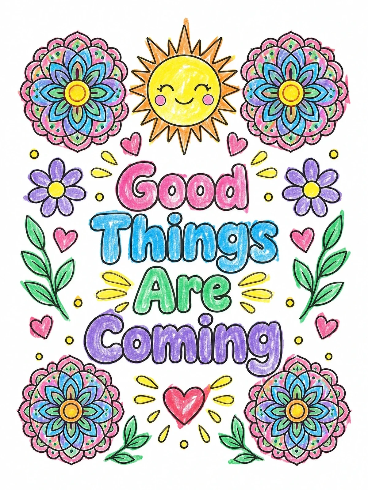 Colored example of the Good Things Are Coming Uplifting Art coloring page