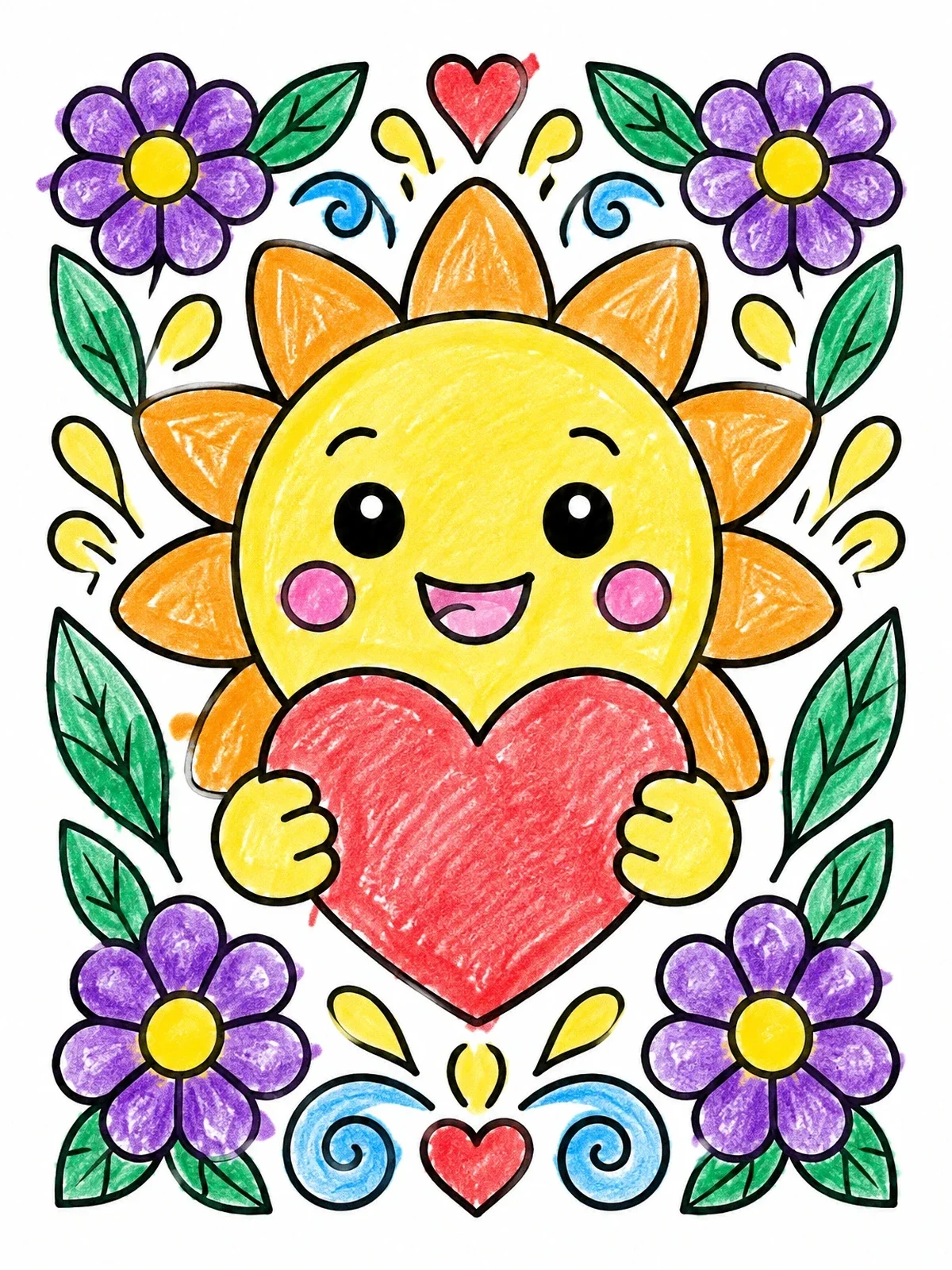 Colored example of the Happy Sun Holding A Heart coloring page