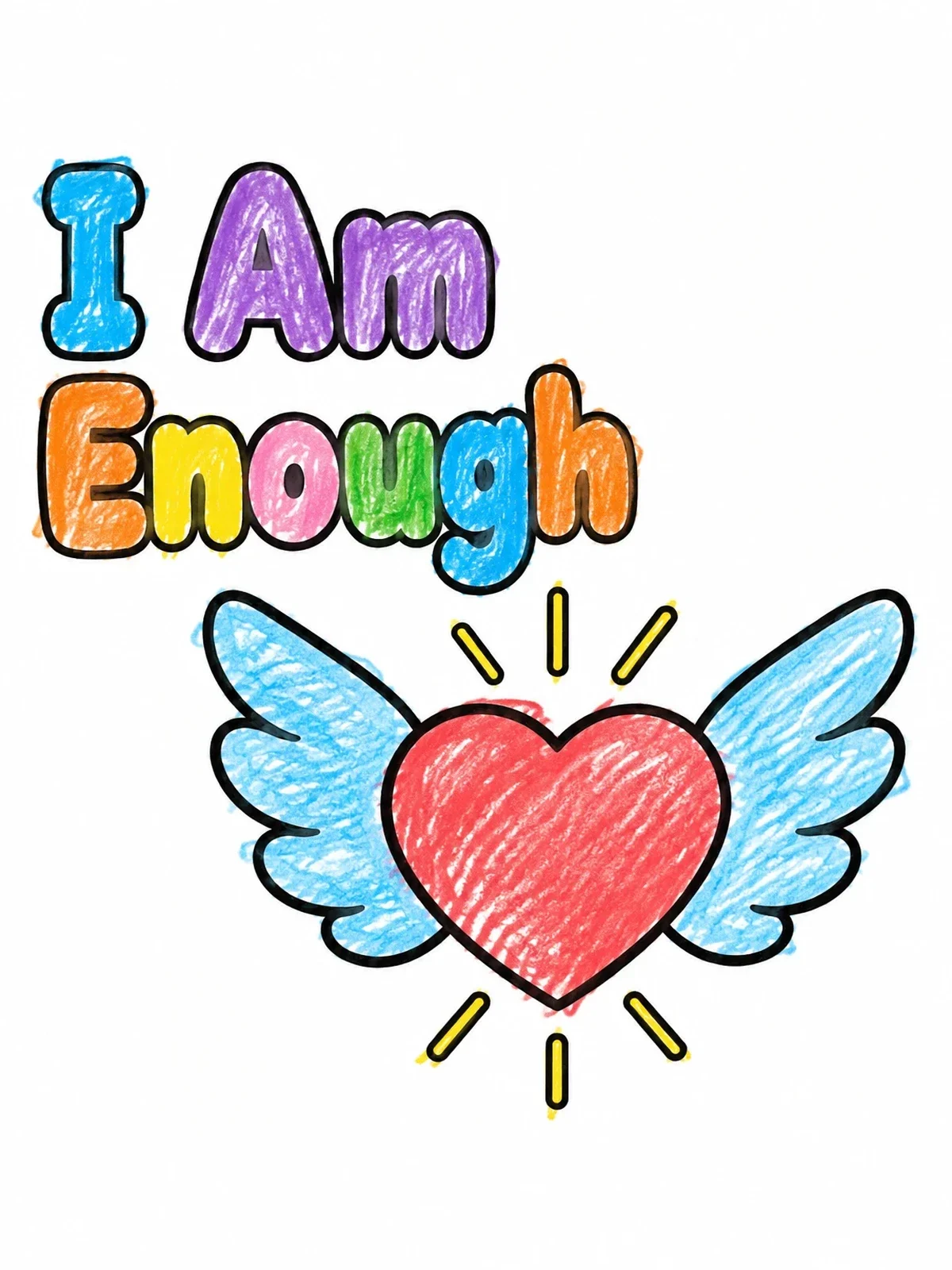 Colored example of the I Am Enough Winged Heart coloring page