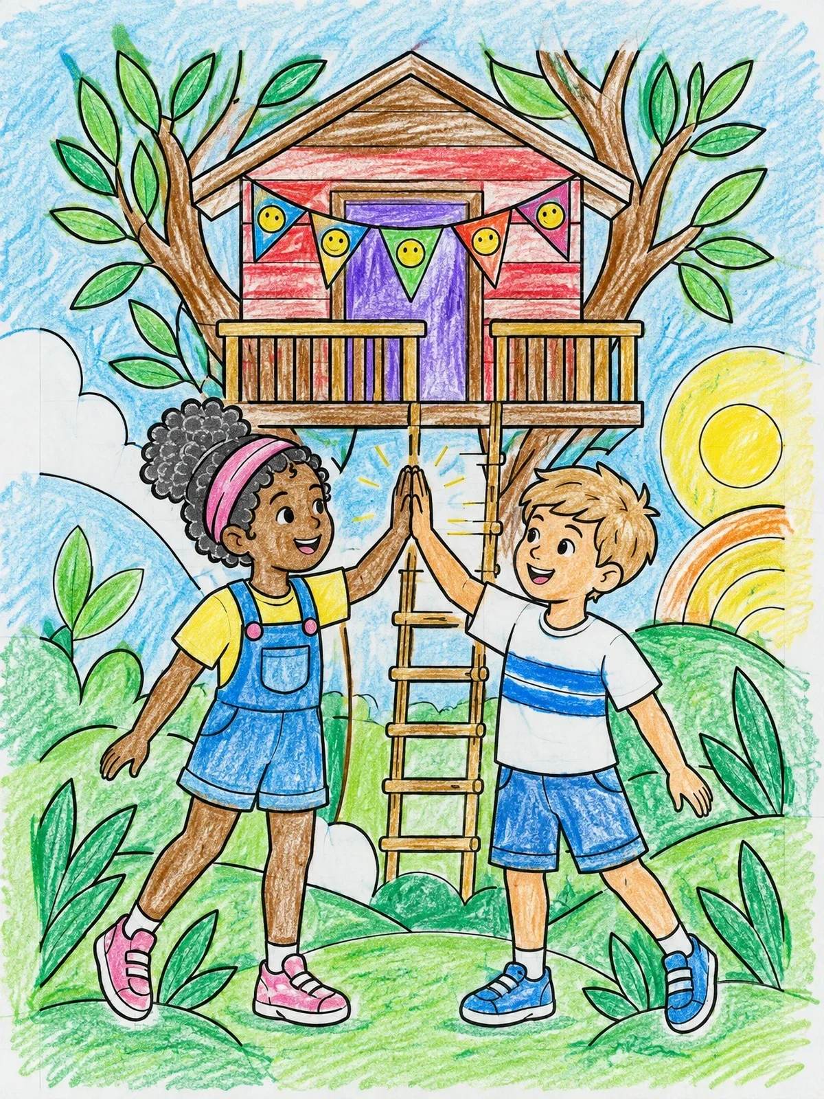 Colored example of the High Five By The Treehouse coloring page