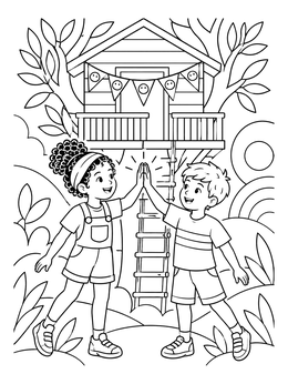 Kids giving a high five outside a treehouse on this self esteem coloring page.