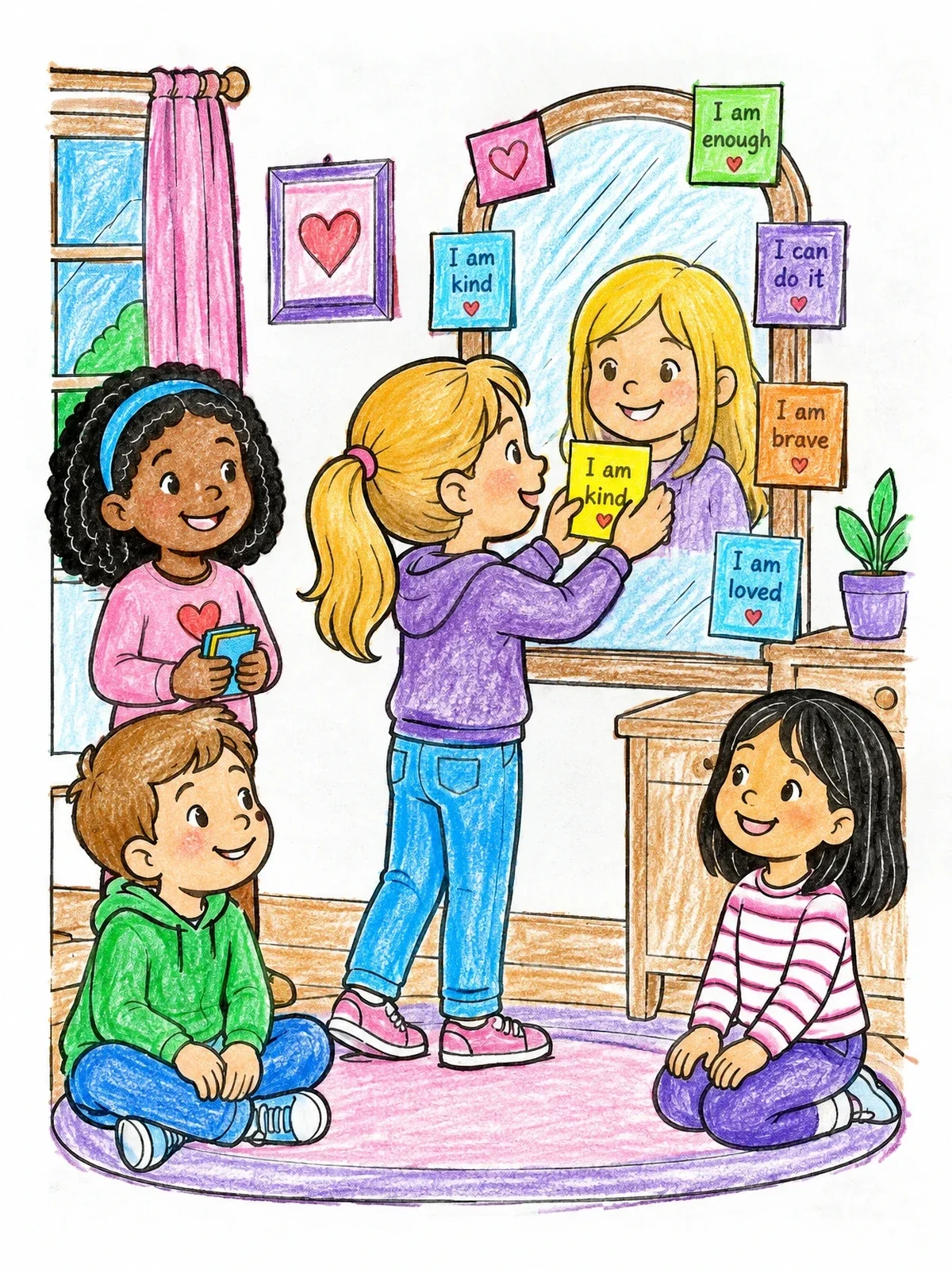 Colored example of the Children Sharing Positive Affirmations At Mirror coloring page
