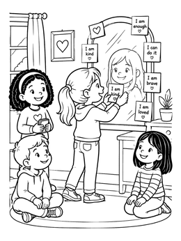Free printable Children Sharing Positive Affirmations At Mirror coloring page